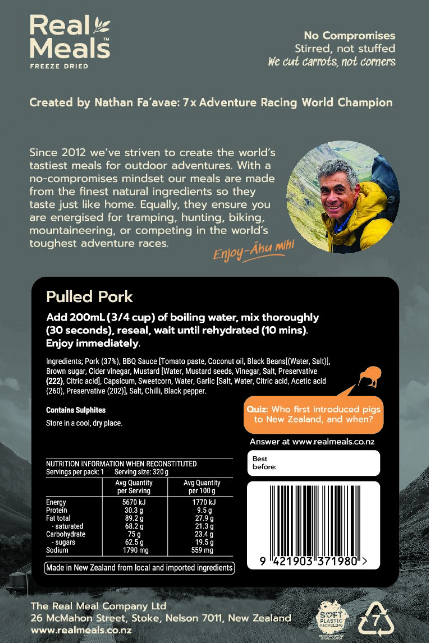 Real Meals Pulled Pork packaging featuring nutrition information and preparation instructions.