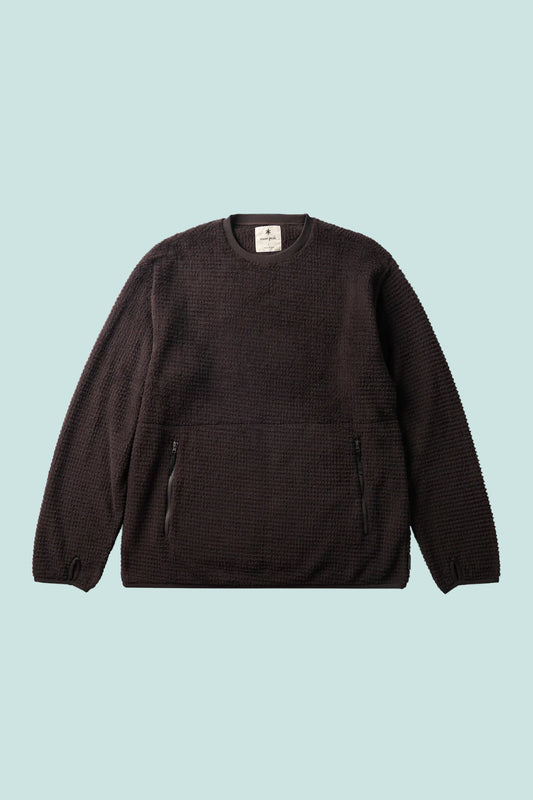 Snow Peak Polartec Alpha Direct Thermo Control Pullover - Dark Brown on a light blue background.