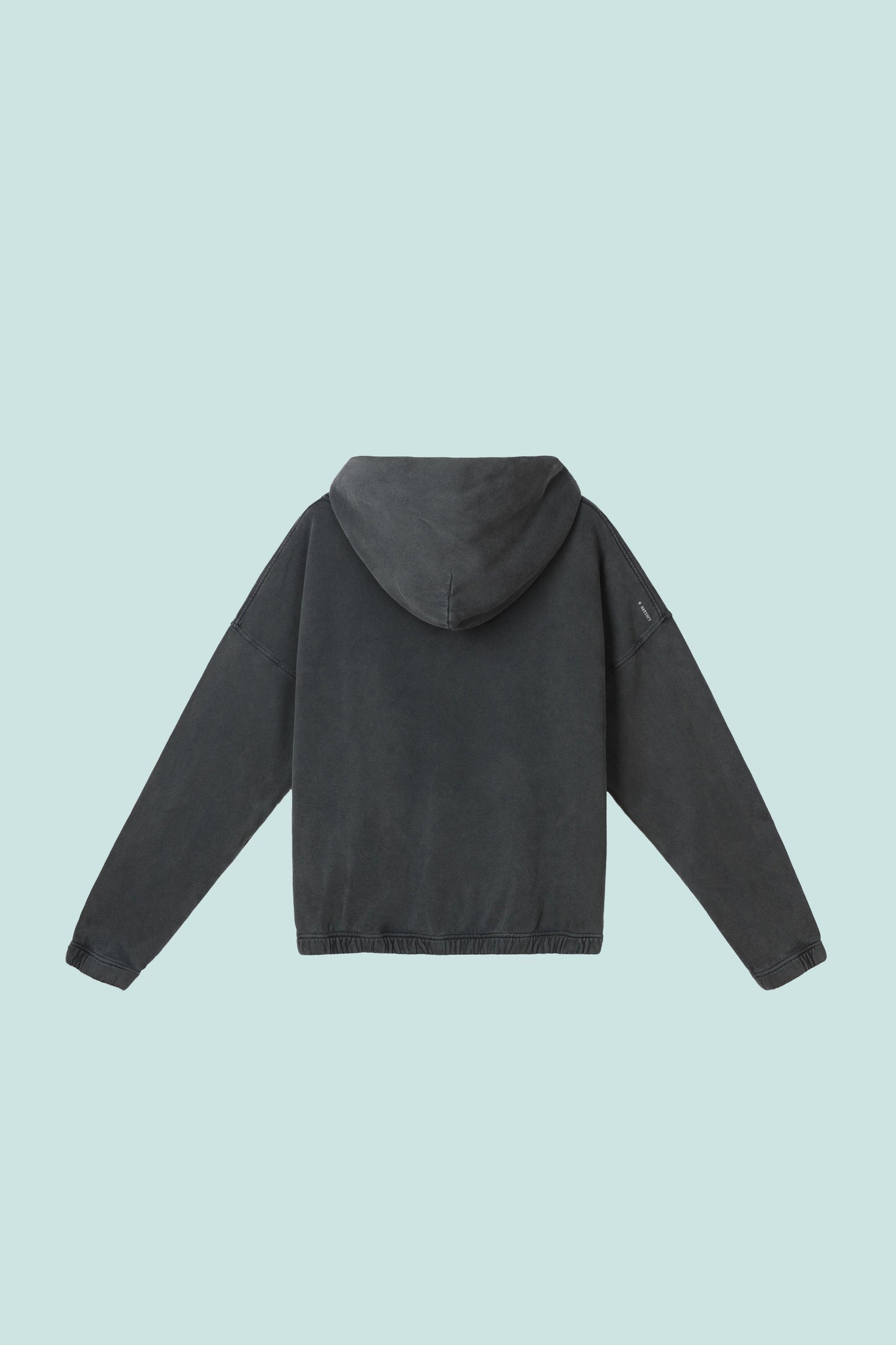 Back view of Satisfy SoftCell™ Hoodie in Aged Black, showcasing its soft, vintage style and hood design.