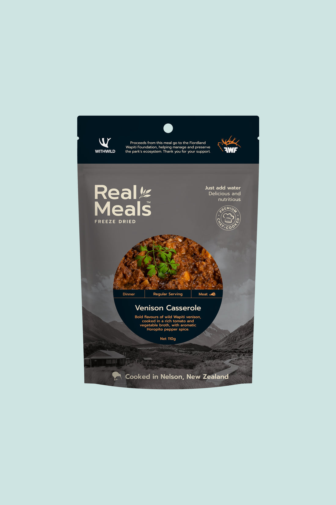 Real Meals freeze dried Venison Casserole package featuring rich ingredients and cooking instructions.