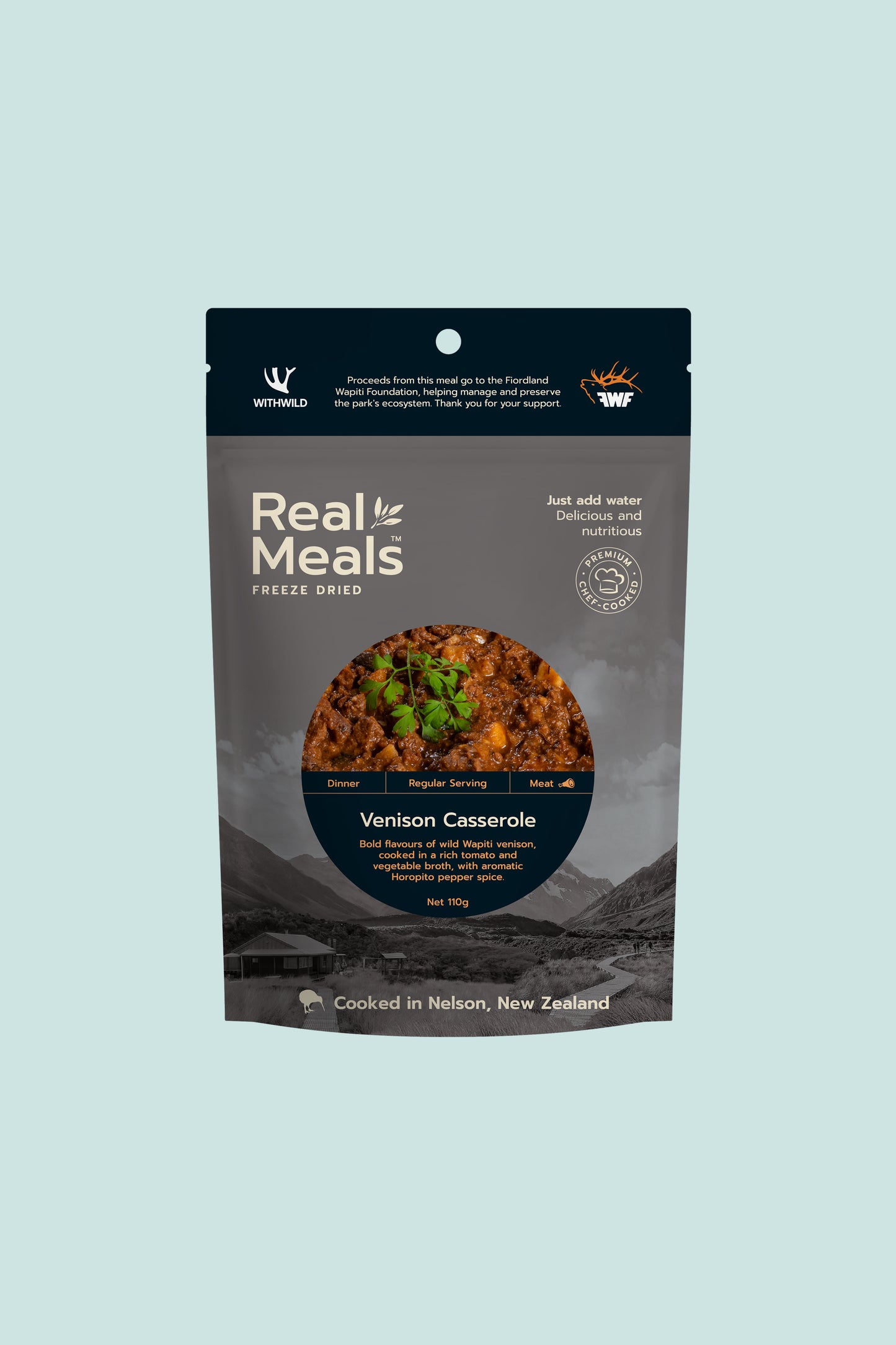 Real Meals freeze dried Venison Casserole package featuring rich ingredients and cooking instructions.