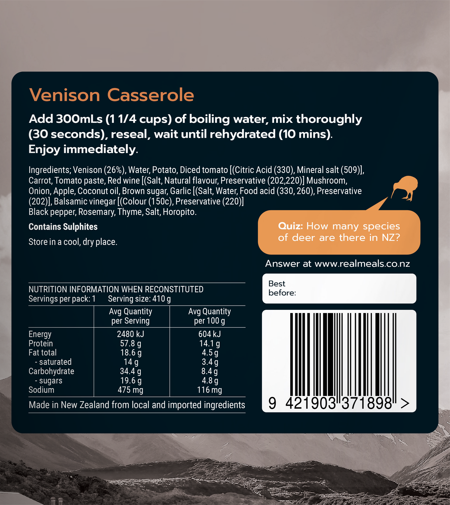 Real Meals Venison Casserole packaging with cooking instructions and nutritional information displayed.