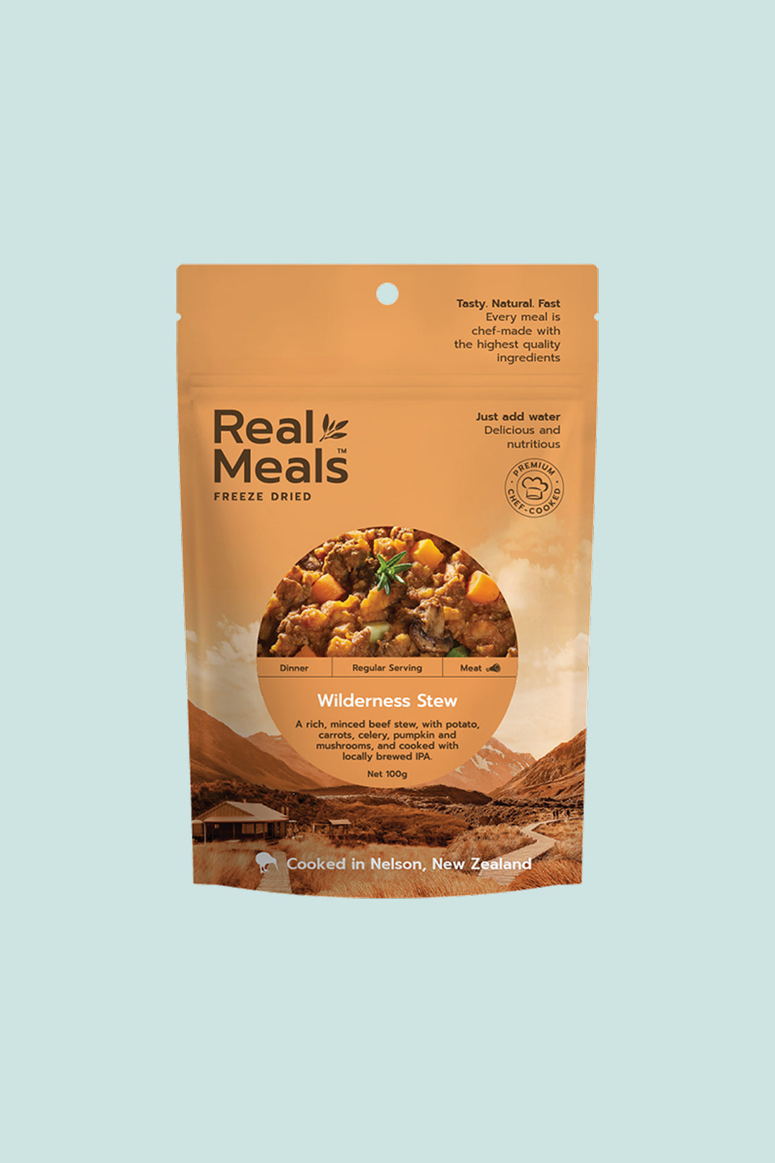 Wilderness Stew packaging featuring minced beef, vegetables, and cooking instructions for a hearty meal.