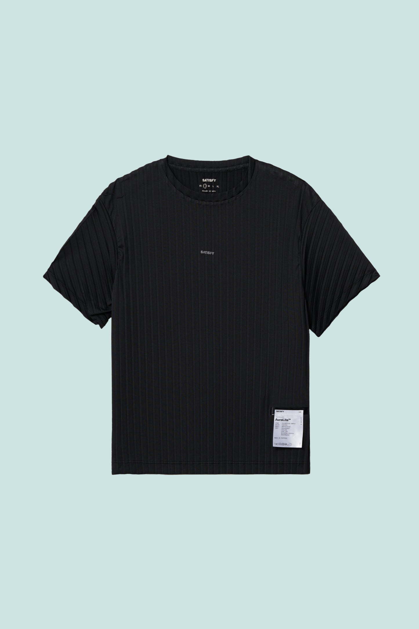 Satisfy Womens AuraLite Pleated T-Shirt in black, designed for airflow and comfort with recycled fabric.