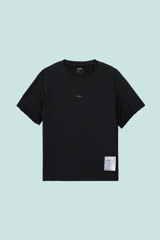 Satisfy Womens AuraLite Pleated T-Shirt in black, designed for airflow and comfort with recycled fabric.