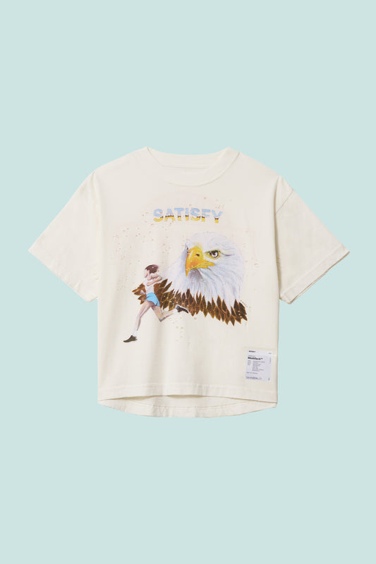 Satisfy Women's MothTech™ T-Shirt in off-white with eagle graphic and cotton fabric for comfortable running.