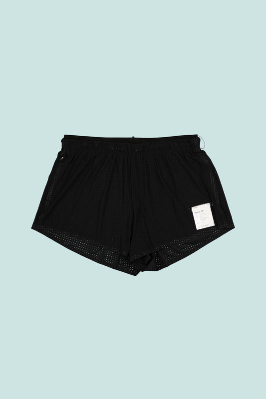 Satisfy Womens Space-O™ 2.5" Shorts in black, featuring lightweight perforated micro jersey fabric.