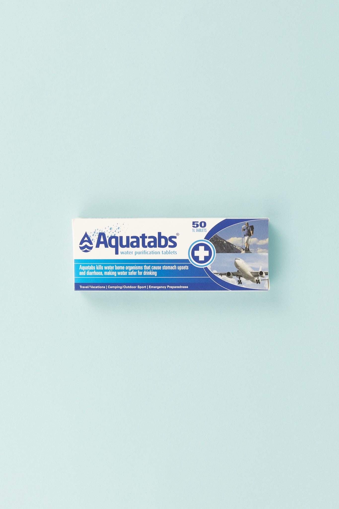 Aquatabs Purification Tablets packaging with 50 tabs for safe drinking water during outdoor adventures.