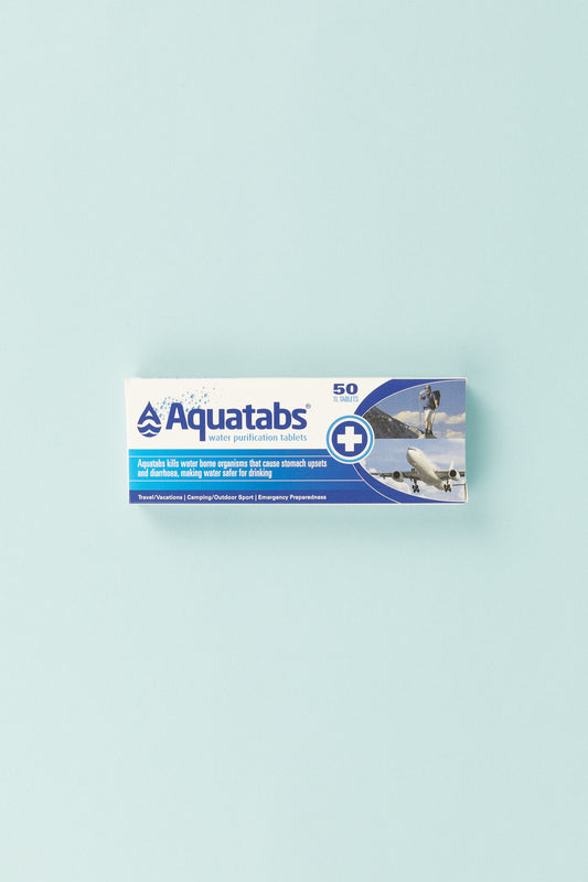 Aquatabs Purification Tablets packaging with 50 tabs for safe drinking water during outdoor adventures.