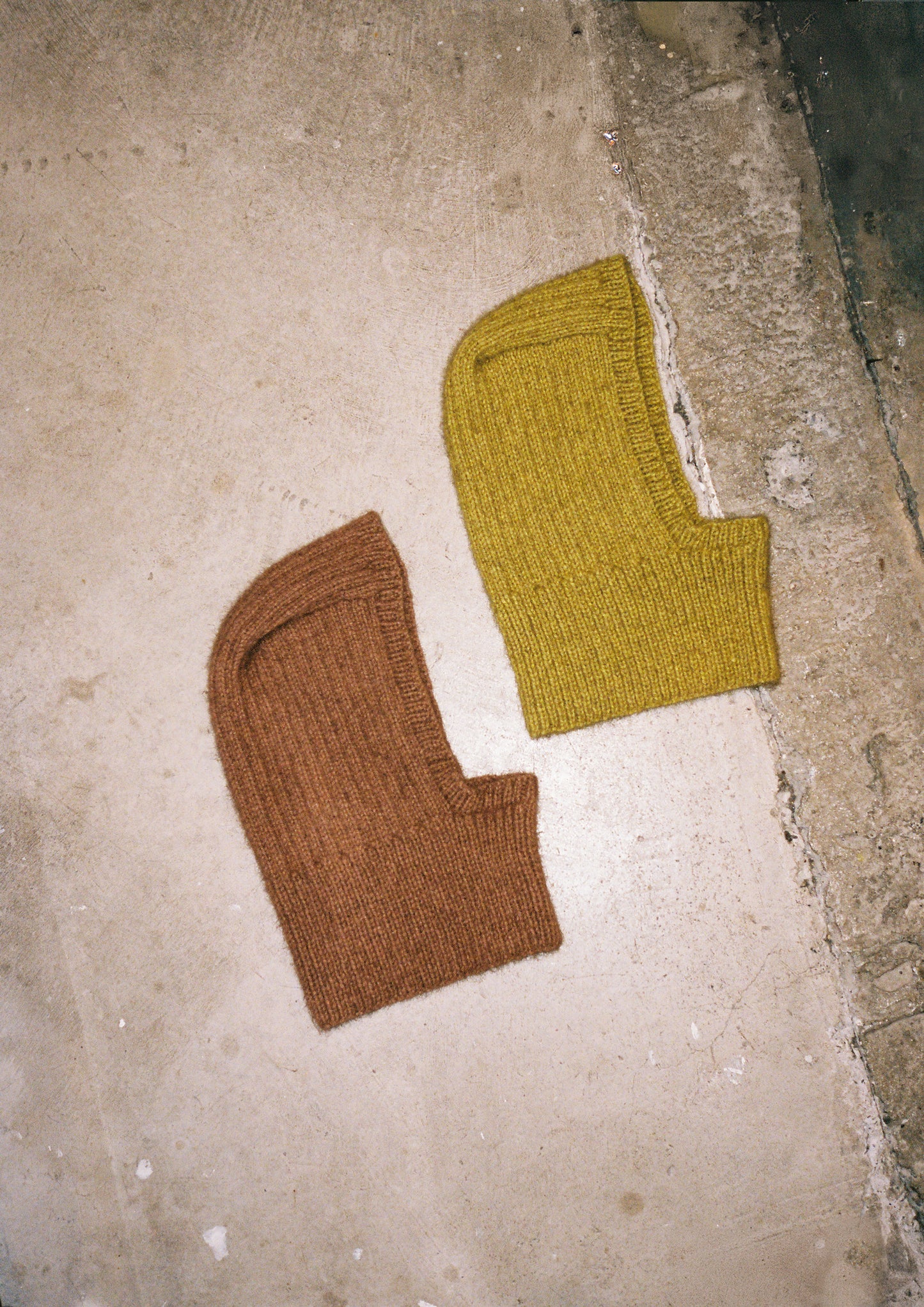 Balaclava in chartreuse and brown colors, showcasing high-quality rib knit for warmth and softness.