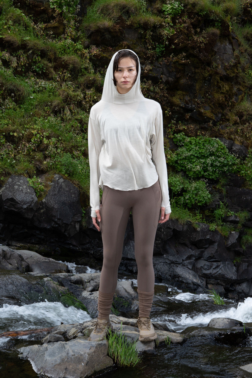 Creeper Hood Merino in Feather Gray, worn