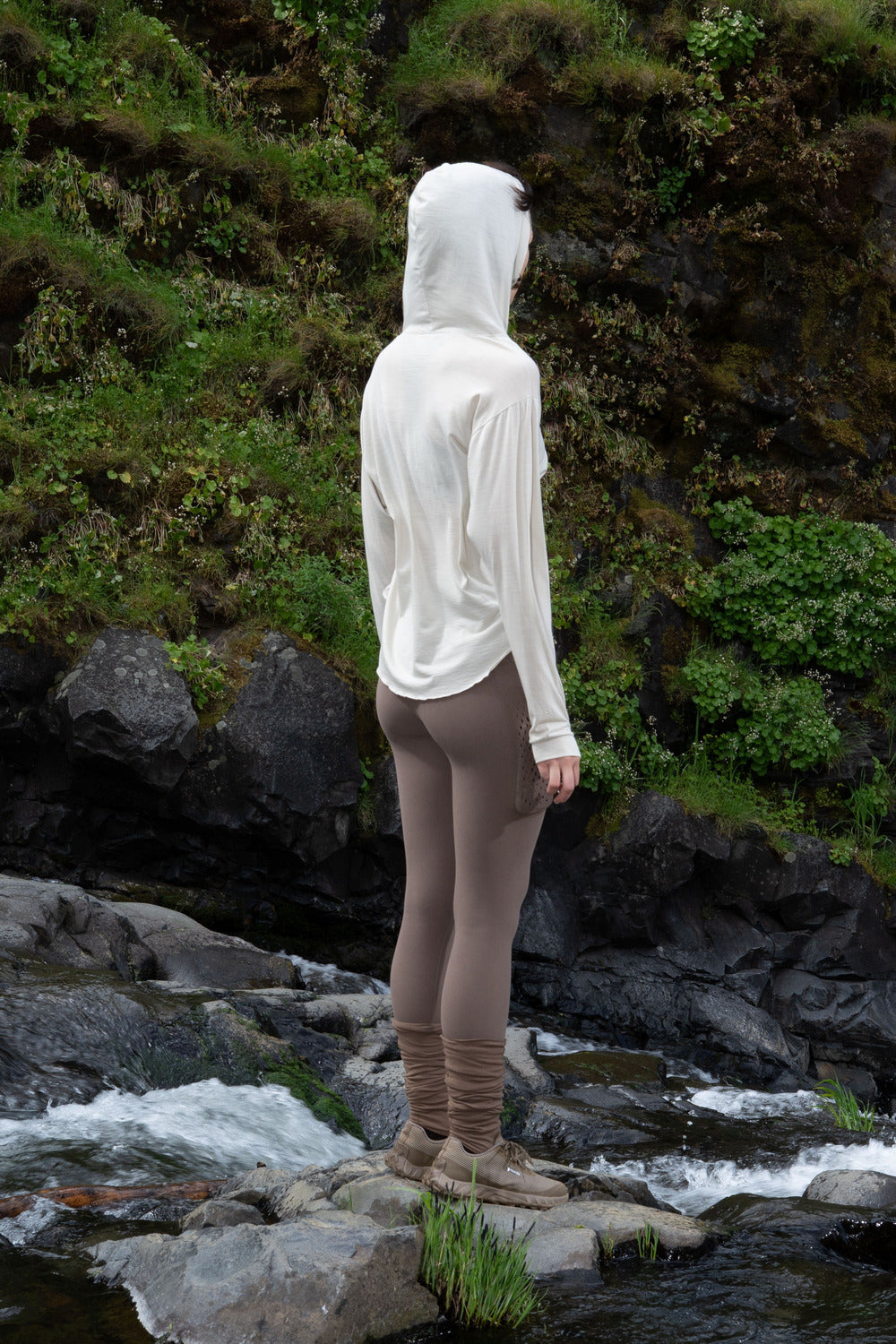 Creeper Hood Merino in Feather Gray, worn