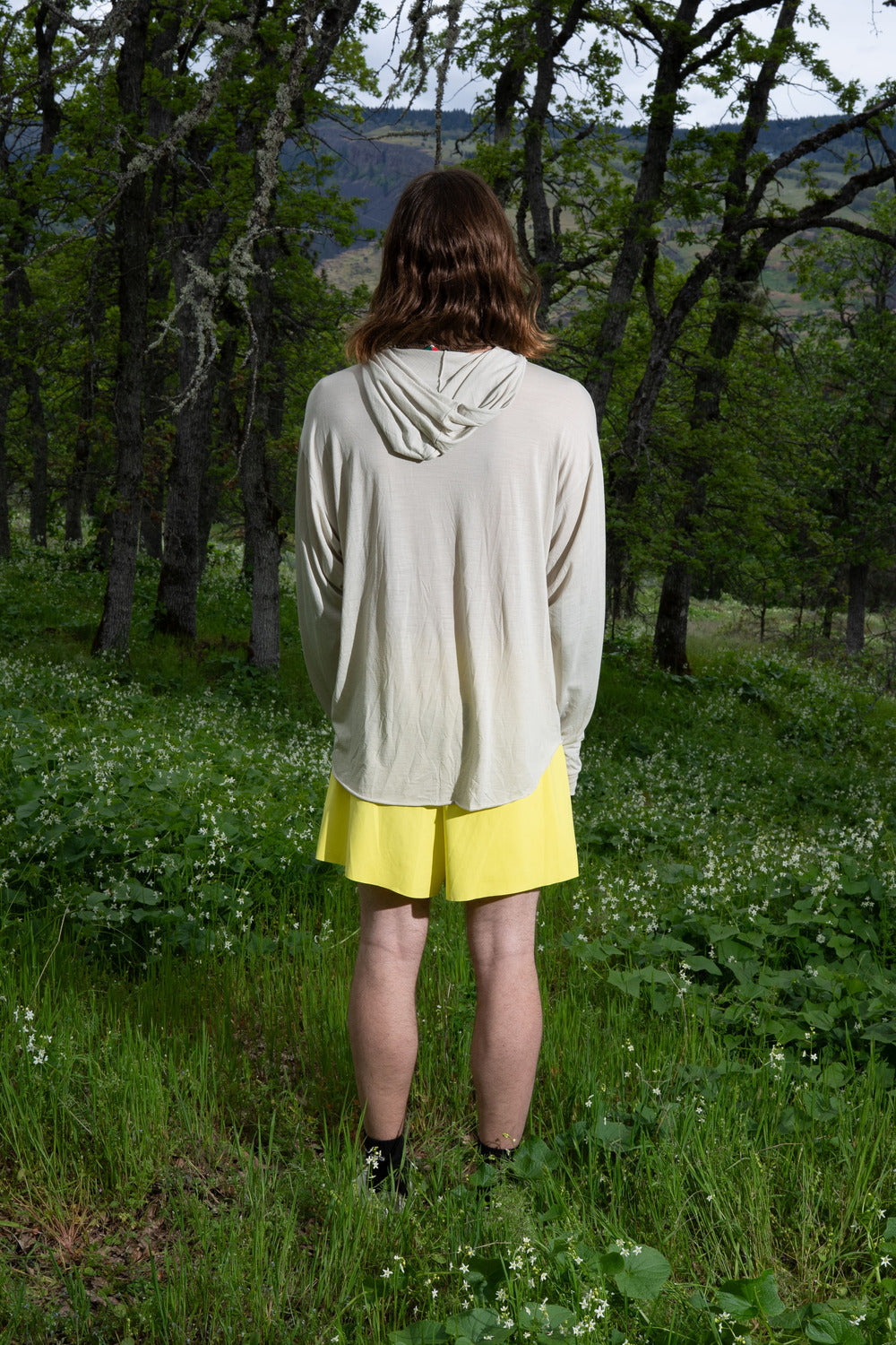 Creeper Hood Merino in Feather Gray, worn
