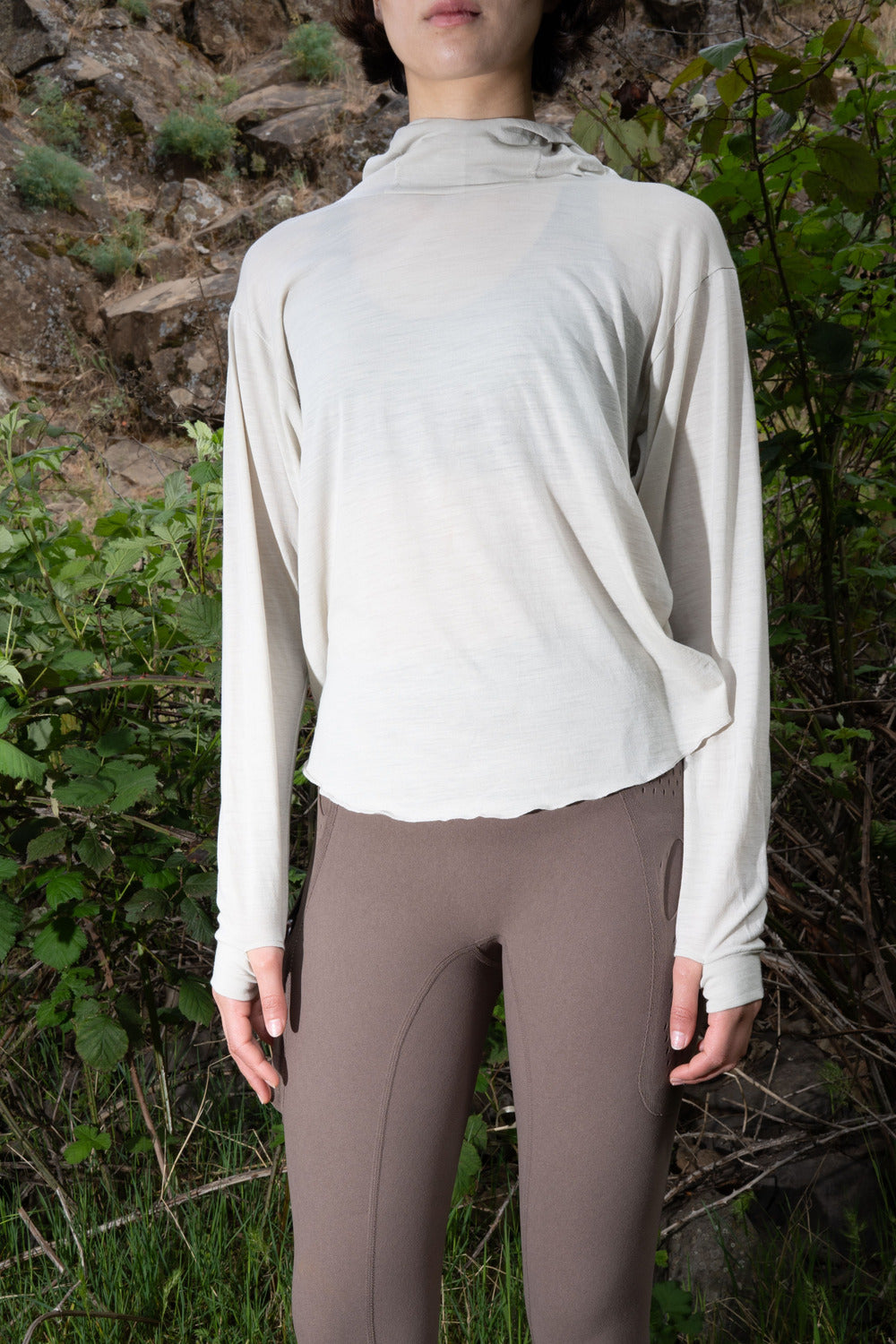 Creeper Hood Merino in Feather Gray, worn
