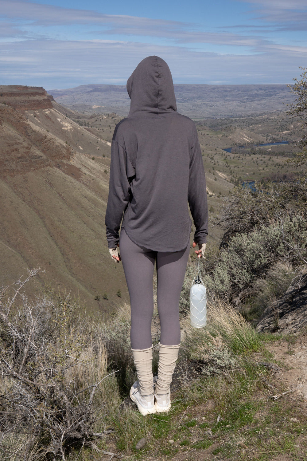 Creeper Hood Merino in Magnet, worn