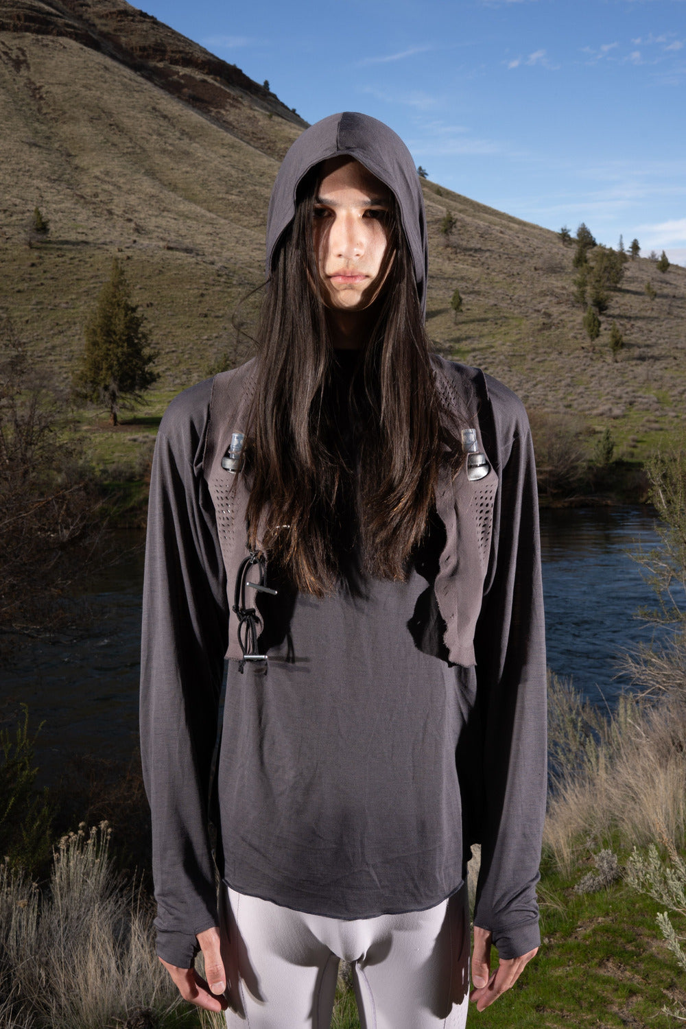 Creeper Hood Merino in Magnet, worn