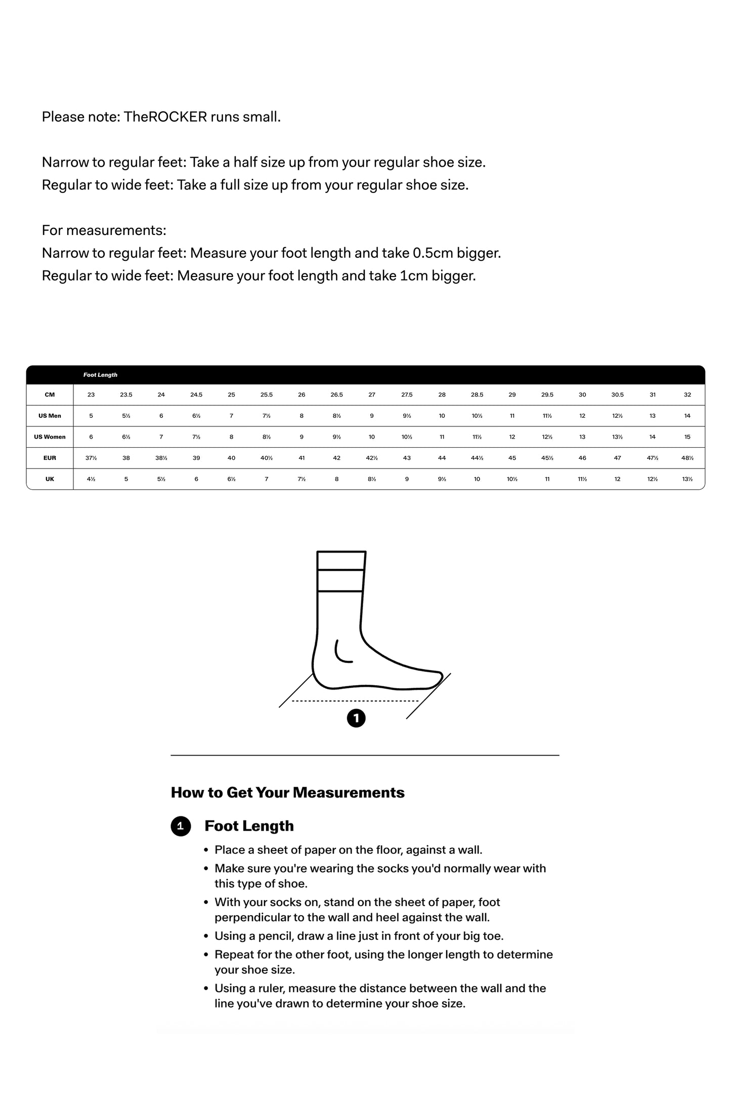 Satisfy TheROCKER - Shadow size guide with measurement instructions for narrow and wide feet.