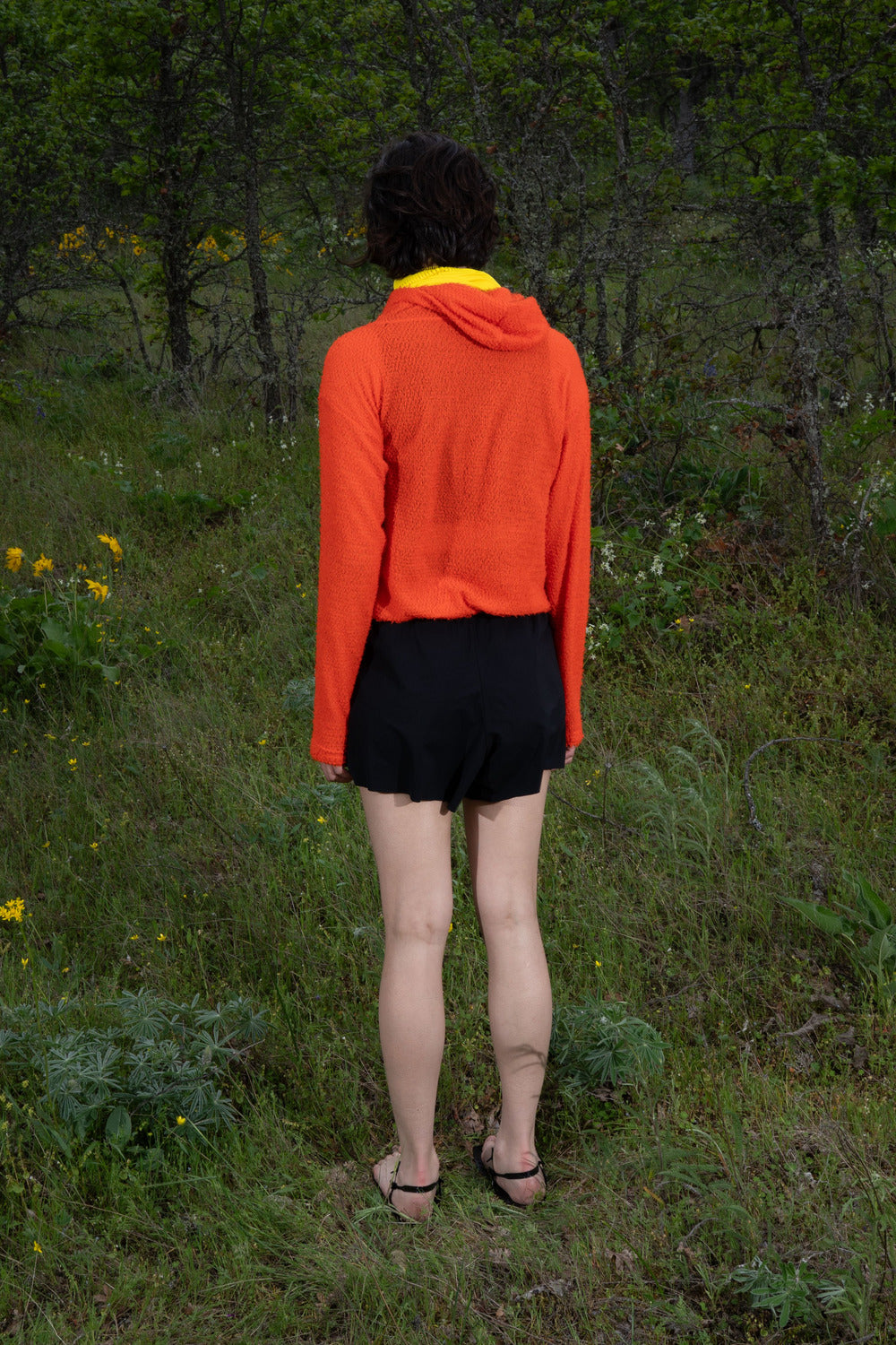 Shag Hoodie v2.0 in Tangerine Tango, worn back view