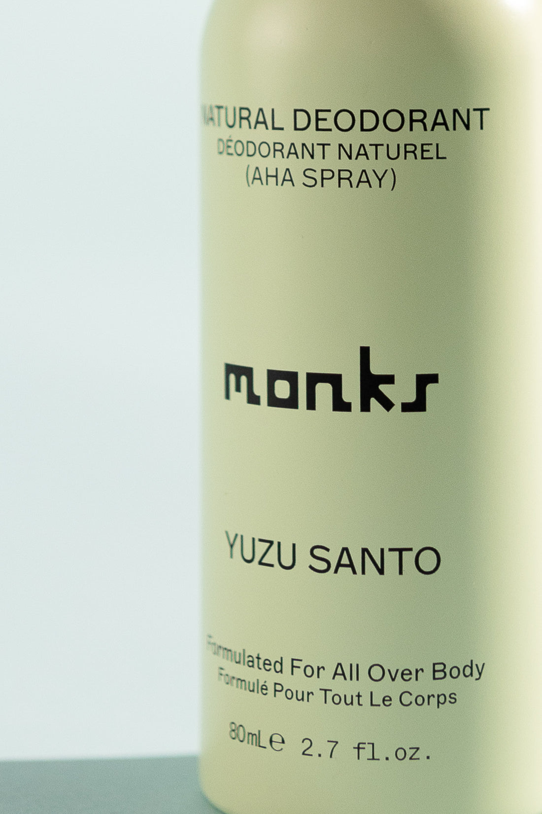 Monks Natural Deodorant Yuzu Santo spray featuring AHA formula for all over body use.