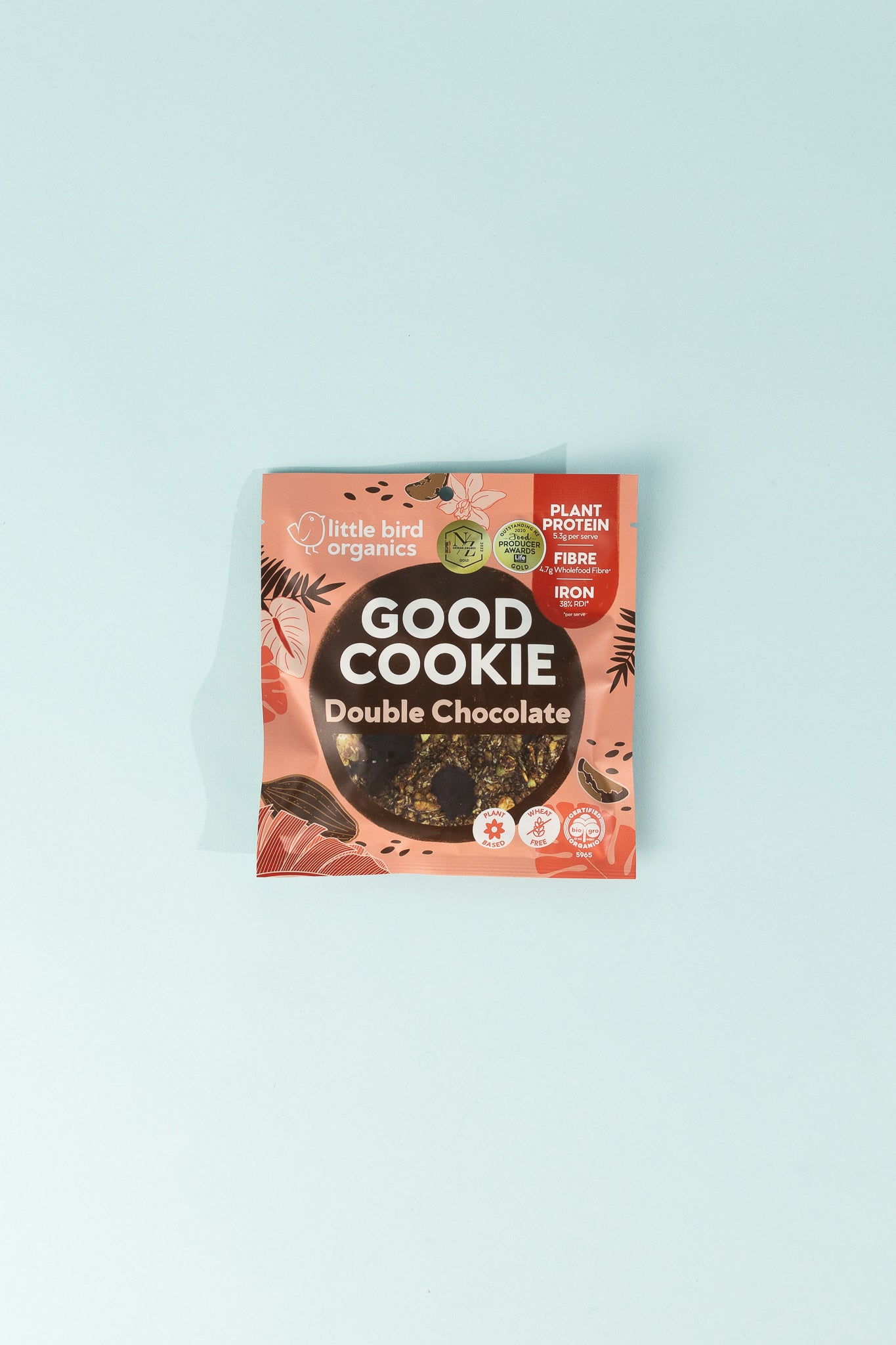 Good Cookie - Double Chocolate Chip package on a light blue background, featuring organic ingredients and nutritional info.