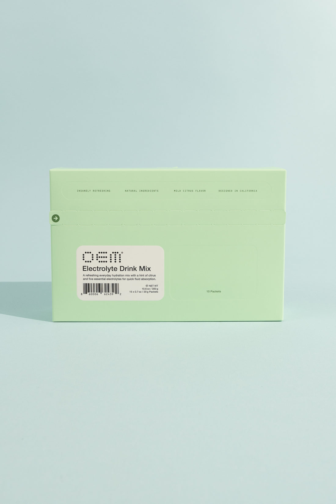 OEM Electrolyte Drink Mix packaging featuring light green design and label with product details.
