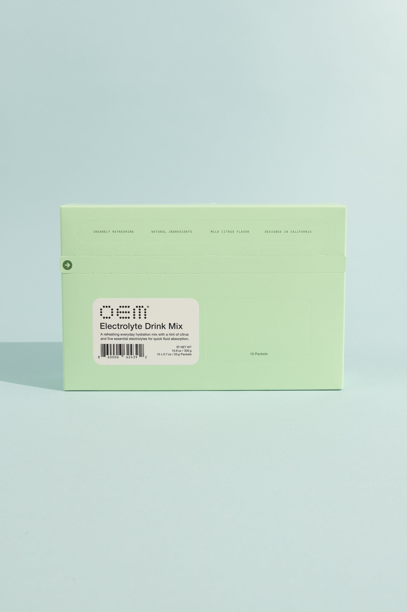 OEM Electrolyte Drink Mix packaging featuring light green design and label with product details.