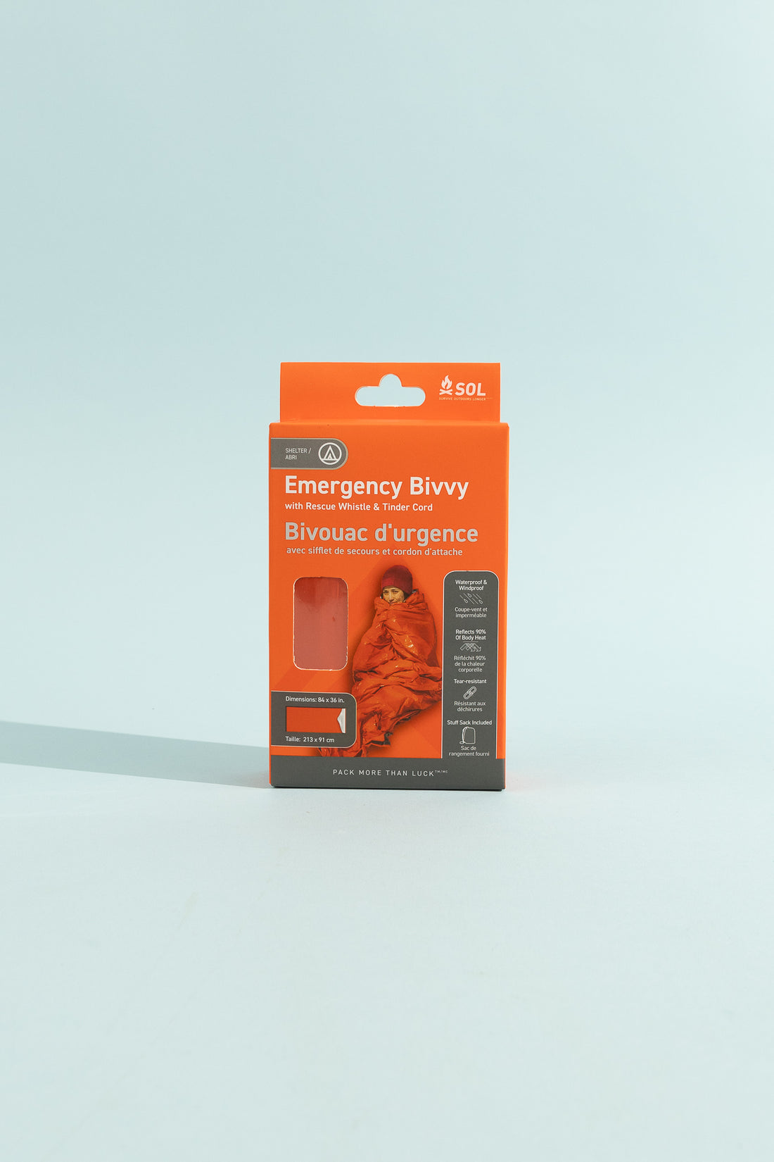 Compact Emergency Bivvy packaging from SOL, designed for outdoor enthusiasts and emergency preparedness.