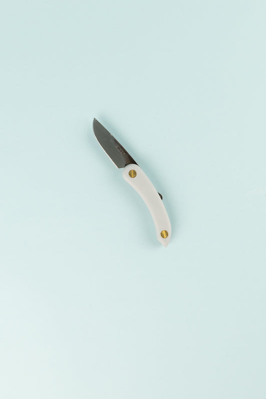 Stainless Peasant Knife Mini in grey with a curved handle and stainless steel blade on light blue background.