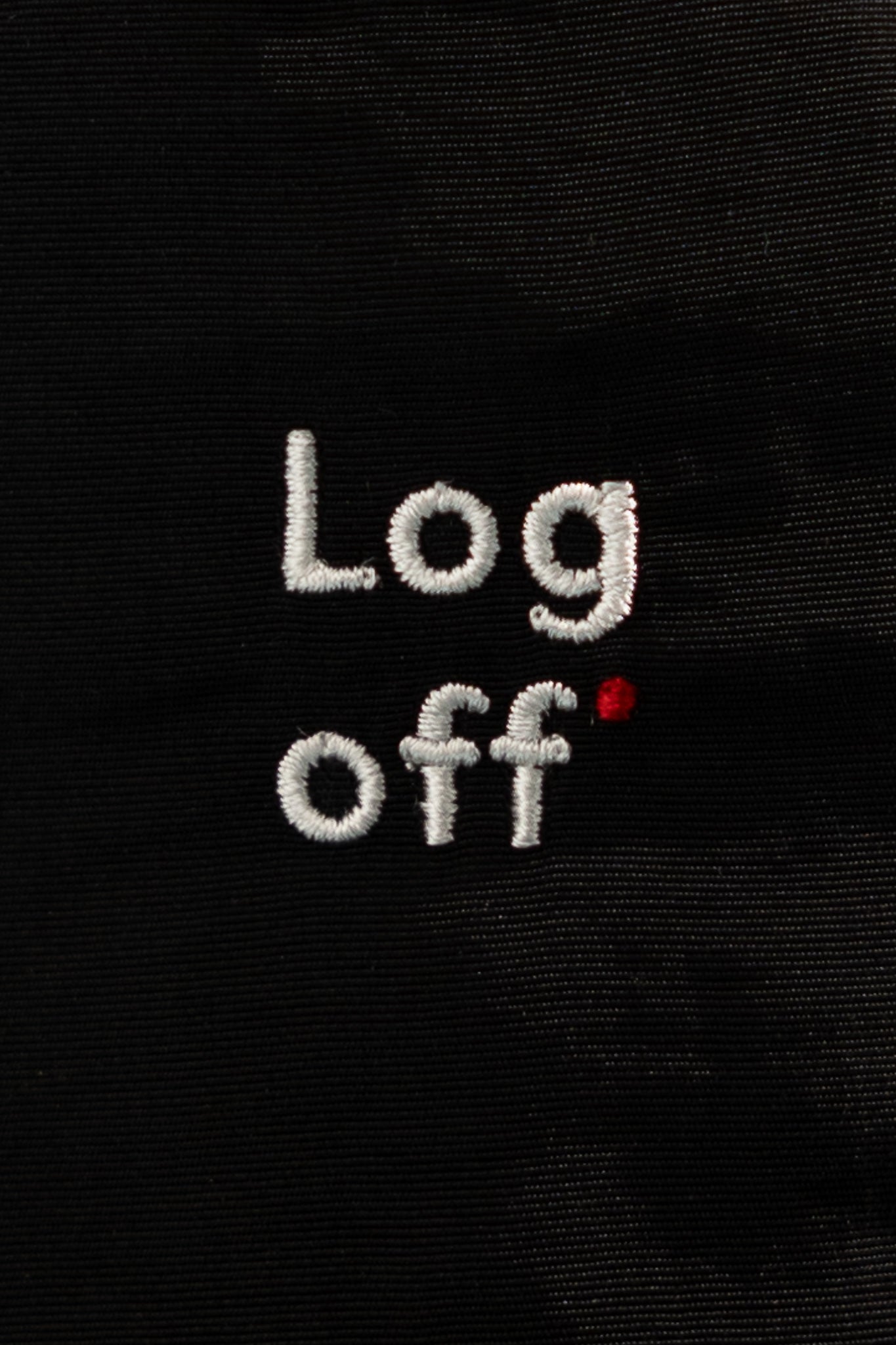 Log Off graphic logo on District Vision 5 Panel Nylon Hat in black fabric, promoting outdoor adventure.