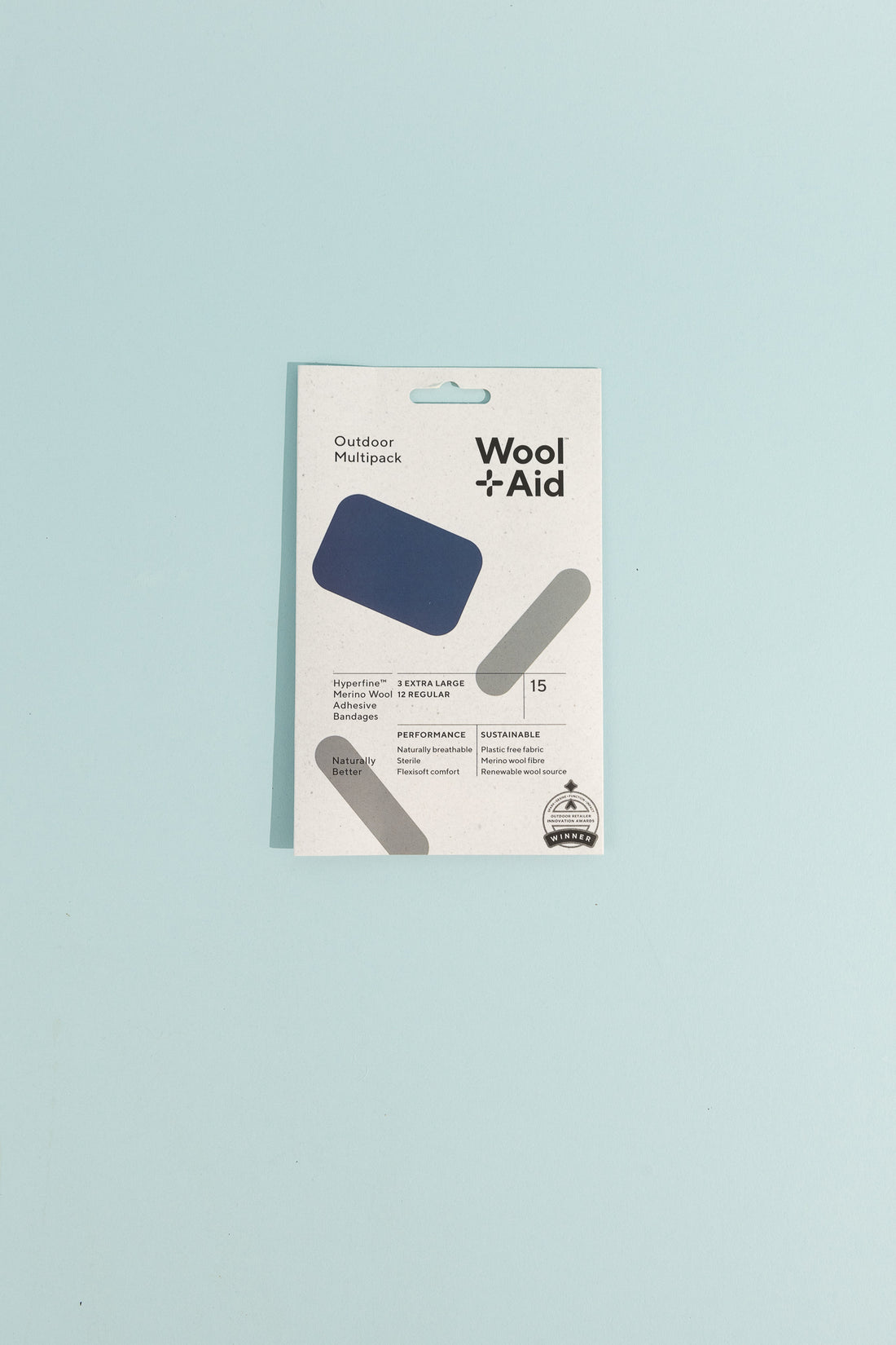 Merino Wool Adhesive Bandages packaging featuring natural, biodegradable adhesive bandages for outdoor use.