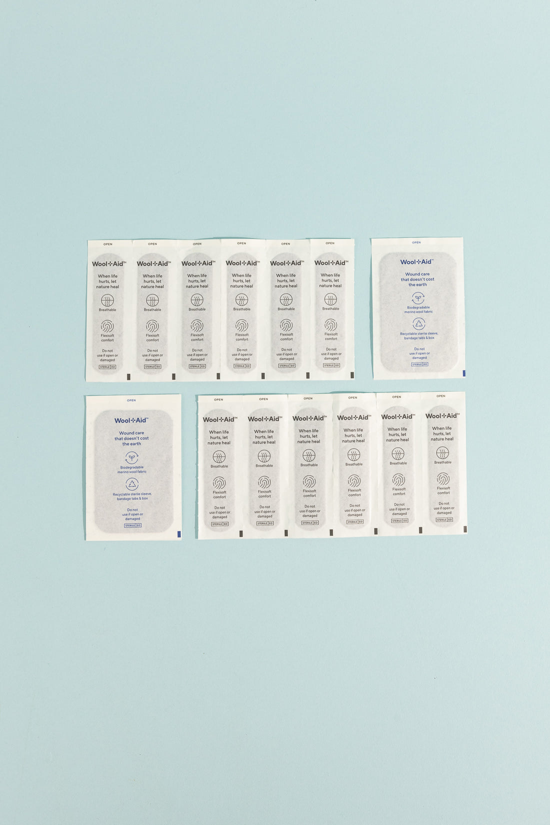 Merino Wool Adhesive Bandages in packaging, natural and biodegradable for first aid.