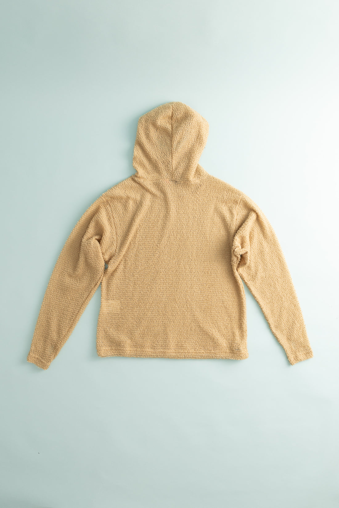 Back view of Shag Hoodie v2.0 in cornstalk color, showcasing its boxy fit and textured material.