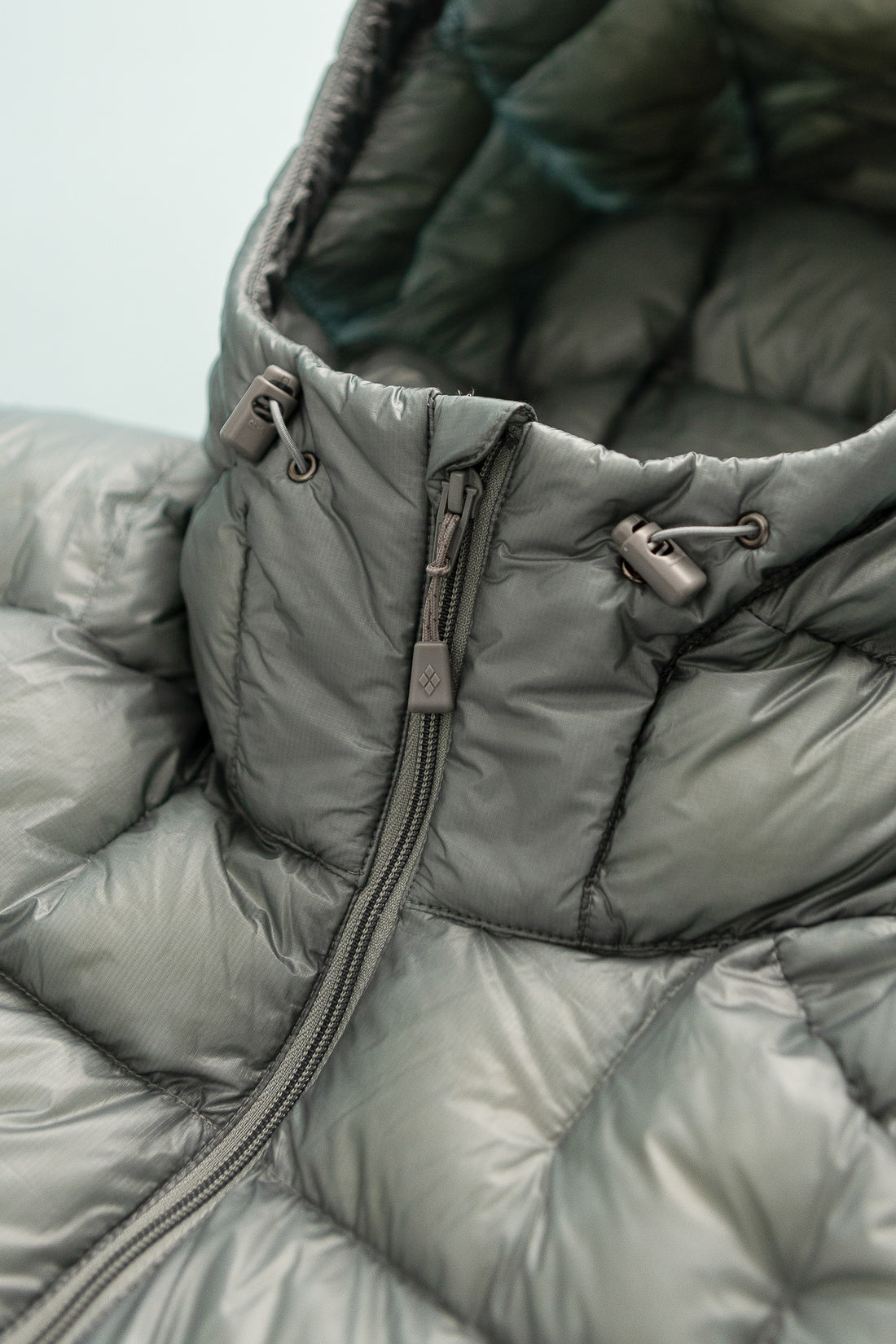 US Men's Plasma 1000 Alpine Down Parka collar and zipper detail in light gray.