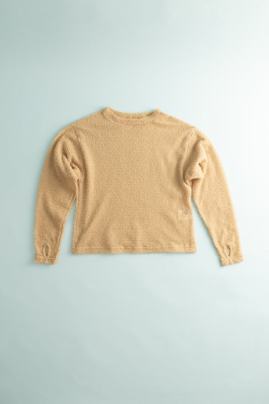 Back view of Shag Sweater v2.0 in Cornstalk color, showcasing lightweight and shaggy texture.